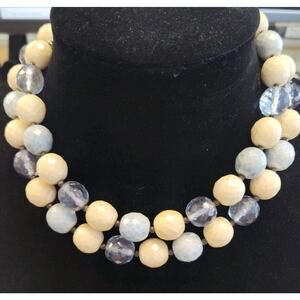 Joan Rivers Blue & Cream Faceted Czech Republic Chunky Bead Necklace 30" vintage